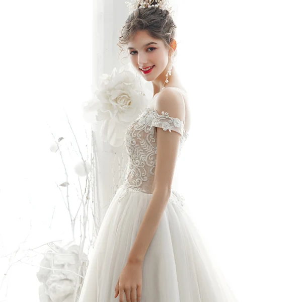 Elegant Ivory Wedding Dresses 2020 A-Line / Princess Scoop Neck Beading Pearl Rhinestone Lace Flower Short Sleeve Backless Chapel Train