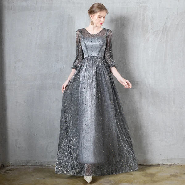 Charming Burgundy Evening Dresses 2020 A-Line / Princess Scoop Neck Star Sequins Ruffle 3/4 Sleeve Floor-Length / Long Formal Dresses