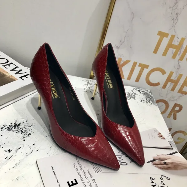 Classy Burgundy Evening Party Leather Pumps 2020 Snakeskin Print 7 cm Stiletto Heels Pointed Toe Pumps