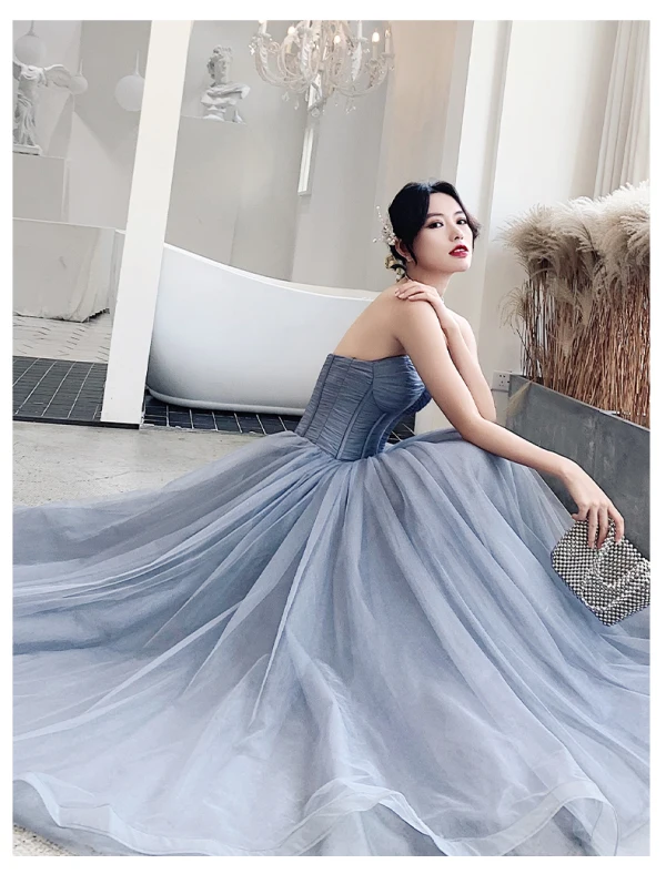 Classy Sky Blue Evening Dresses  2020 A-Line / Princess Strapless Sleeveless Backless Floor-Length / Long Formal Dresses
