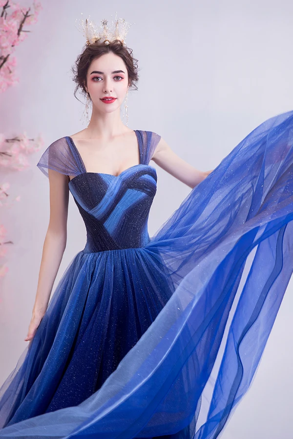 Elegant Ocean Blue Glitter Evening Dresses  2020 A-Line / Princess Spaghetti Straps Sleeveless Backless Floor-Length / Long Formal Dresses