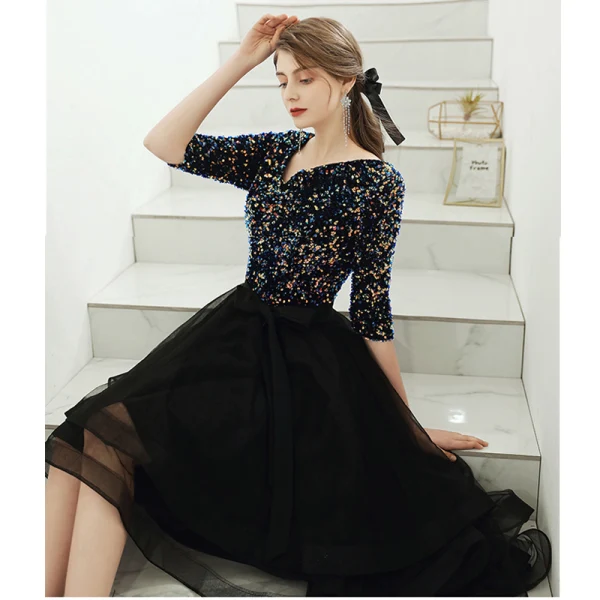 Fashion Black Cocktail Dresses 2020 A-Line / Princess V-Neck Sequins Bow 1/2 Sleeves Asymmetrical Formal Dresses