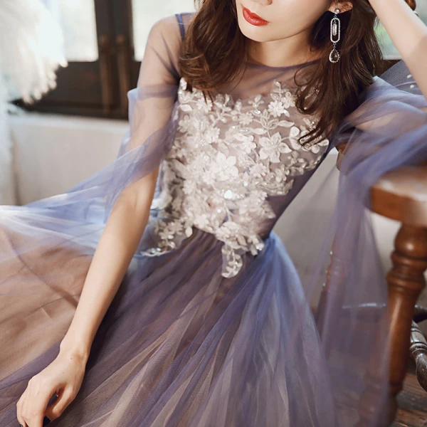 Elegant Ocean Blue Evening Dresses 2020 A-Line / Princess Scoop Neck Appliques Lace Flower Beading Sequins Sleeveless Backless Floor-Length / Long Formal Dresses