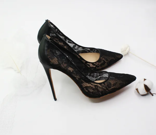 Sexy Schwarz Spitze Abend Pumps 2020 12 cm Stilettos Spitzschuh Pumps