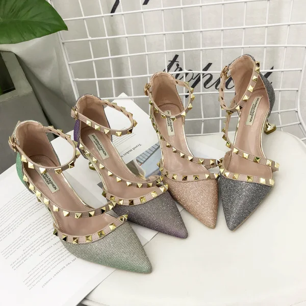 Scintillantes Doré Chaussures Femmes 2018 Polyester Rivet Paillettes 7 cm Talons Aiguilles À Bout Pointu Talons Hauts