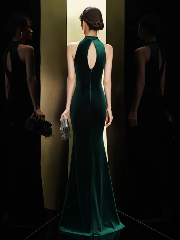 Sexy Dark Green Suede Evening Dresses 2020 Trumpet / Mermaid Scoop Neck Rhinestone Sleeveless Floor-Length / Long Formal Dresses