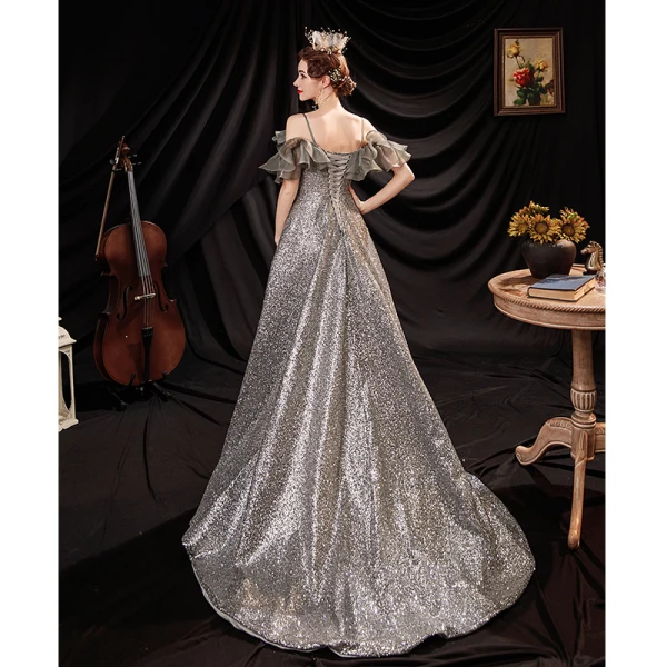 Glitzernden Silber Glanz Pailletten Ballkleider 2021 A Linie Spaghettiträger Spitze Blumen Kurze Ärmel Rückenfreies Sweep / Pinsel Zug Festliche Kleider