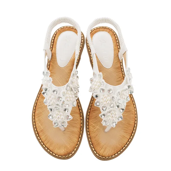 Bohême Chic / Belle Beige Désinvolte Cristal Pantoufle & Tongs 2020 En Dentelle Fleur Perle Plat Chaussures Femmes