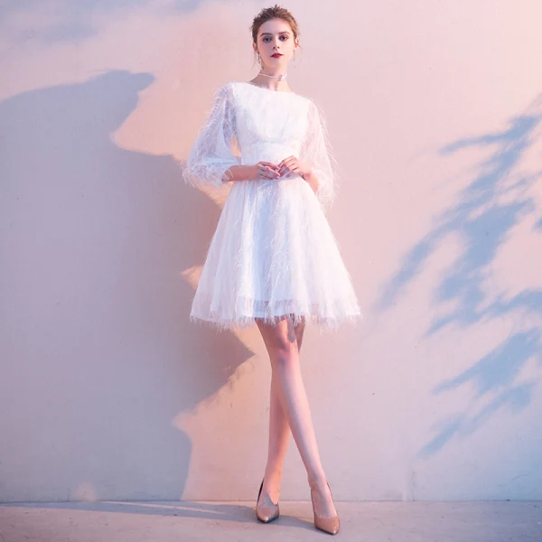 Elegante Ivory / Creme Heimkehr Quaste Abiballkleider 2020 A Linie Rundhalsausschnitt 3/4 Ärmel Schleife Kurze Festliche Kleider