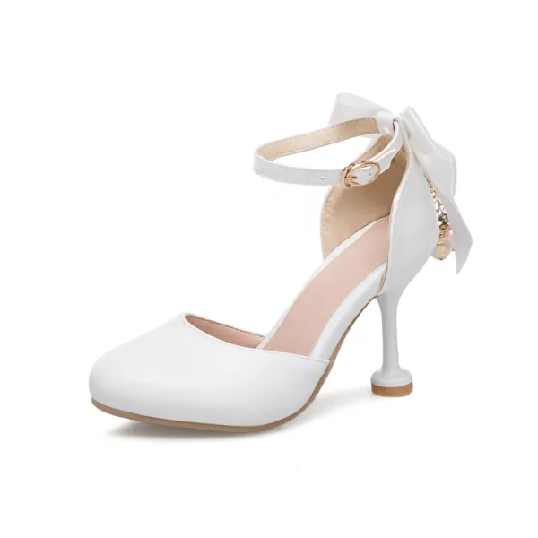 Lovely Candy Pink Dating Womens Shoes 2020 Pearl Bow Ankle Strap Round Toe 9 cm Stiletto Heels Heels