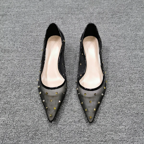 Chic / Beautiful Beige Casual Tulle Pumps 2020 Rivet 4 cm Stiletto Heels Low Heel Pointed Toe Pumps