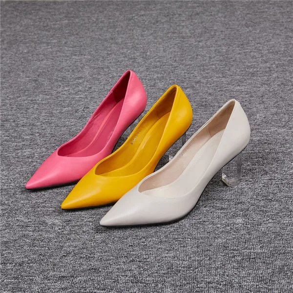 Modest / Simple Fuchsia Office OL Pumps 2020 Leather 6 cm Crystal Thick Heels Pointed Toe Pumps