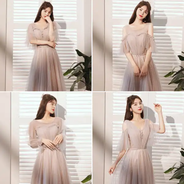 Simple Rougissant Rose Paillettes Robe Demoiselle D'honneur Princesse 2021 V-Cou Manches Courtes Dos Nu Longue Robe Pour Mariage