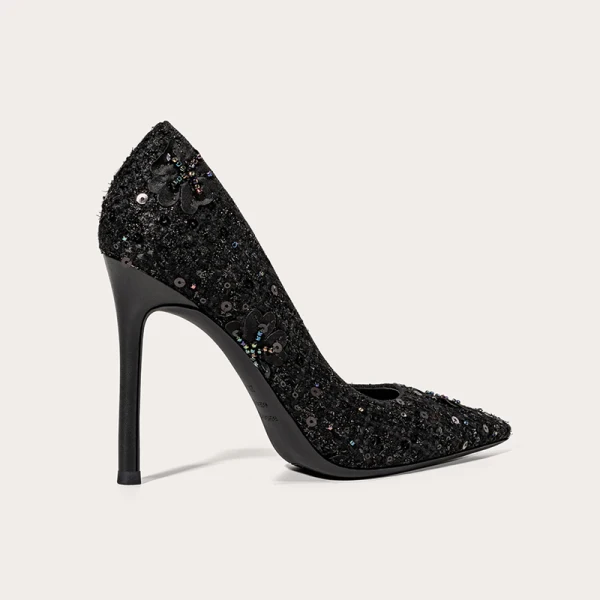 Charmant Noire Soirée Paillettes Escarpins 2021 10 cm Talons Aiguilles Cuir À Bout Pointu Escarpins Talons Hauts
