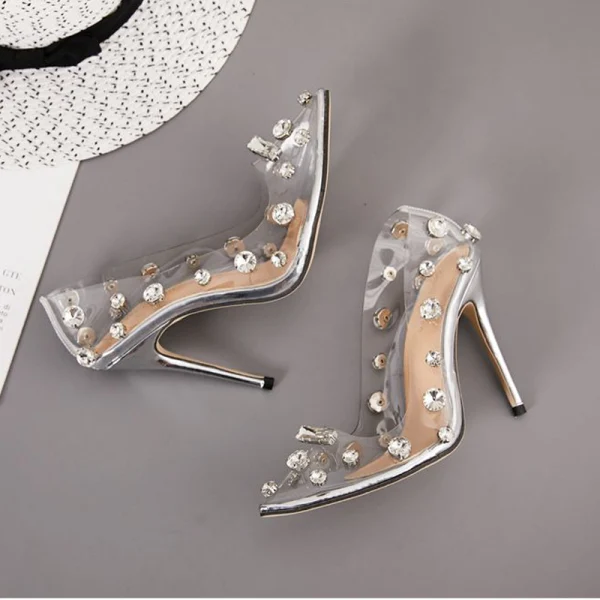 Transparent Silver Karnevalsklubb Pumps 2020 Nit Rhinestone 11 cm Stilettklackar Spetsiga Pumps