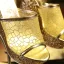 Charmant Doré Soirée Sandales Femme 2020 Glitter Paillettes 9 cm Compensées Peep Toes / Bout Ouvert Sandales