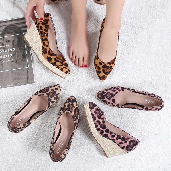 Chic / Beautiful Blushing Pink Street Wear Braid Womens Shoes 2020 Leopard Print 7 cm Wedges Pointed Toe