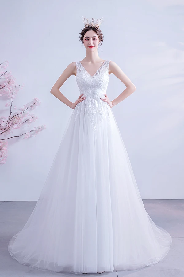 Abordable Blanche Robe De Mariée 2020 Princesse V-Cou Faux Diamant En Dentelle Fleur Appliques Sans Manches Dos Nu Tribunal Train