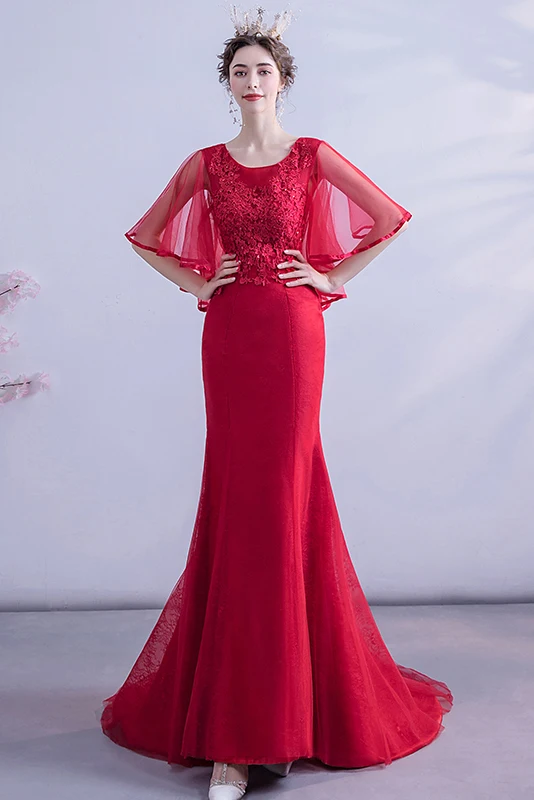 Chic / Beautiful Burgundy Evening Dresses 2020 Trumpet / Mermaid Scoop Neck Beading Sequins Lace Flower 1/2 Sleeves Backless Sweep Train Formal Dresses