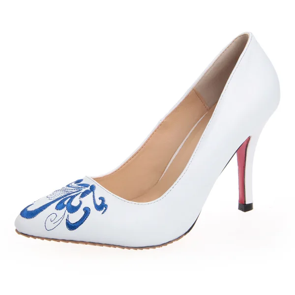 Chinese style White Embroidered Pumps 2020 9 cm Stiletto Heels Pointed Toe Pumps