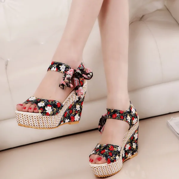 Fashion Red Beach Floral Womens Sandals 2020 Bow 11 cm Wedges Open / Peep Toe Sandals