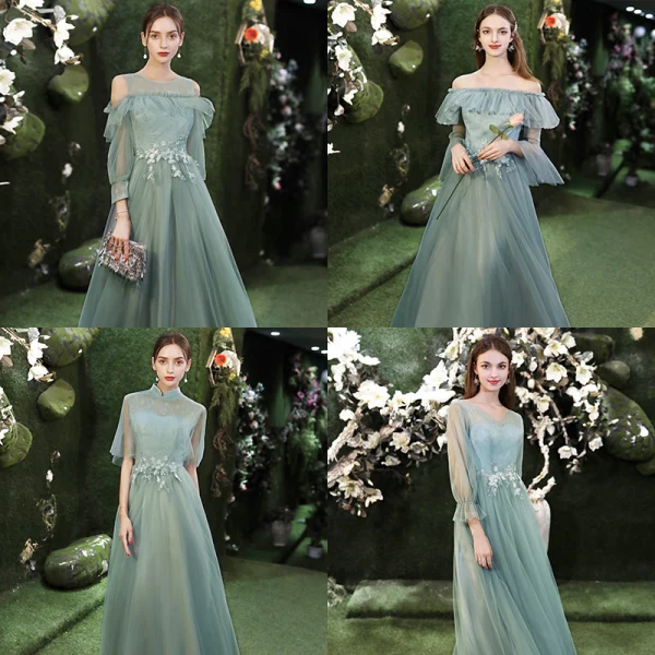 Modest Simple Mint Green Bridesmaid Dresses 2021 A-Line Princess Scoop Neck Lace Flower Modest Simple Mint Green Bridesmaid Dresses 2021 A-Line Princess Scoop Neck Lace Flower