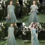 Modest / Simple Mint Green Bridesmaid Dresses 2021 A-Line / Princess Scoop Neck Lace Flower 1/2 Sleeves Backless Floor-Length / Long Tulle Wedding Party Dresses