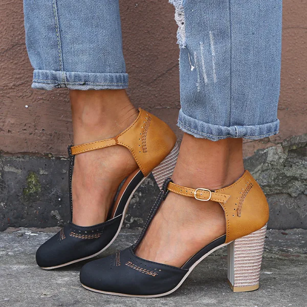 Roman Black Street Wear Womens Sandals 2020 T-Strap 8 cm Thick Heels Round Toe Sandals