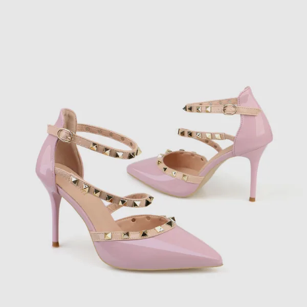 Affordable Nude Rave Club Rivet Womens Sandals 2020 Patent Leather Ankle Strap 9 cm Stiletto Heels Pointed Toe Sandals