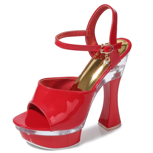 Sexy Noire Club de carnaval Sandales Femme 2020 Cuir Verni Bride Cheville 14 cm Talons Épais Peep Toes / Bout Ouvert Sandales