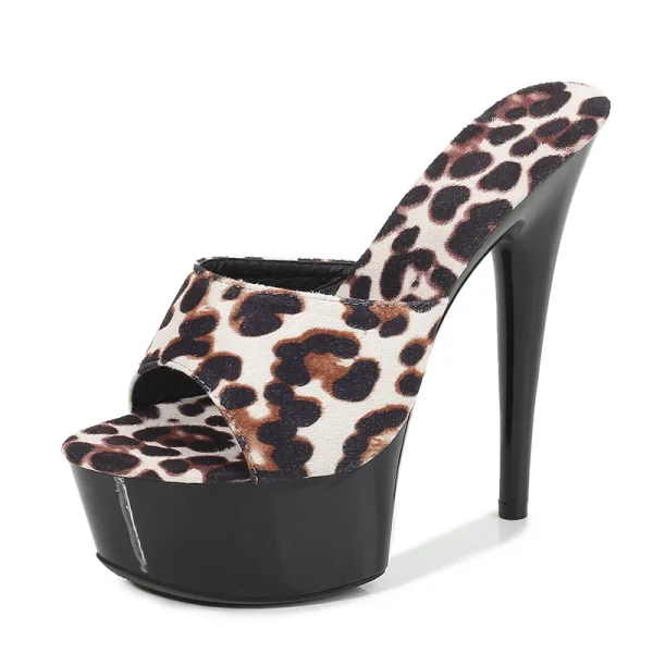 Sexy Brown Rave Club Leopard Print Womens Sandals 2020 15 cm Stiletto Heels Open / Peep Toe Sandals