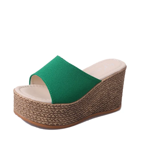 Abordable Vert Désinvolte Tresser Sandales Femme 2020 10 cm Compensées Peep Toes / Bout Ouvert Sandales