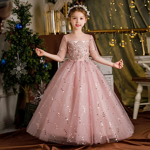 Chic / Beautiful Blushing Pink Bridal Short Flower Girl Dresses 2021 Ball Gown Scoop Neck Beading Crystal Sequins Lace Flower Short Sleeve Wedding Party Dresses