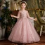 Chic / Beautiful Blushing Pink Bridal Short Flower Girl Dresses 2021 Ball Gown Scoop Neck Beading Crystal Sequins Lace Flower Short Sleeve Wedding Party Dresses