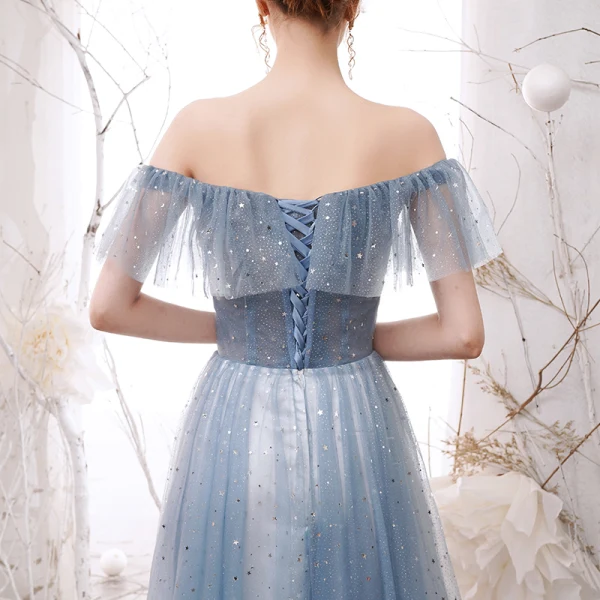 Modern / Fashion Sky Blue Star Sequins Bridesmaid Dresses 2021 A-Line / Princess Off-The-Shoulder Short Sleeve Backless Floor-Length / Long Wedding Party Dresses