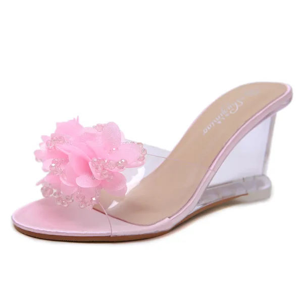 Fashion Black Street Wear Crystal Womens Sandals 2020 Appliques 8 cm Wedges Open / Peep Toe Sandals