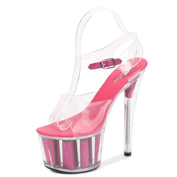 Sexy Silver Rave Club Womens Shoes 2020 Ankle Strap 17 cm Stiletto Heels Open / Peep Toe Sandals