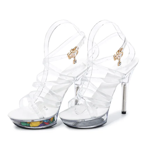 Sexy Blanche Voyage de noces Cristal Sandales Femme 2020 X-Strap Bride Cheville 13 cm Talons Aiguilles Peep Toes / Bout Ouvert Sandales