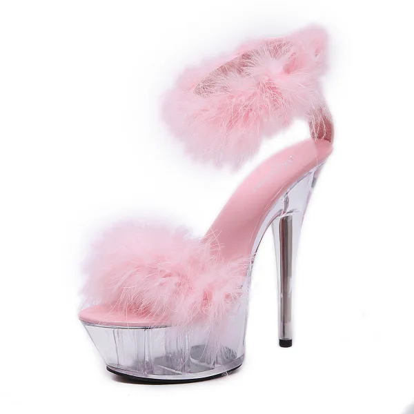 Sexy Weiß Kreuzfahrtschiff Feder Sandalen Damen 2020 Knöchelriemen 15 cm Stilettos Peeptoes Sandaletten