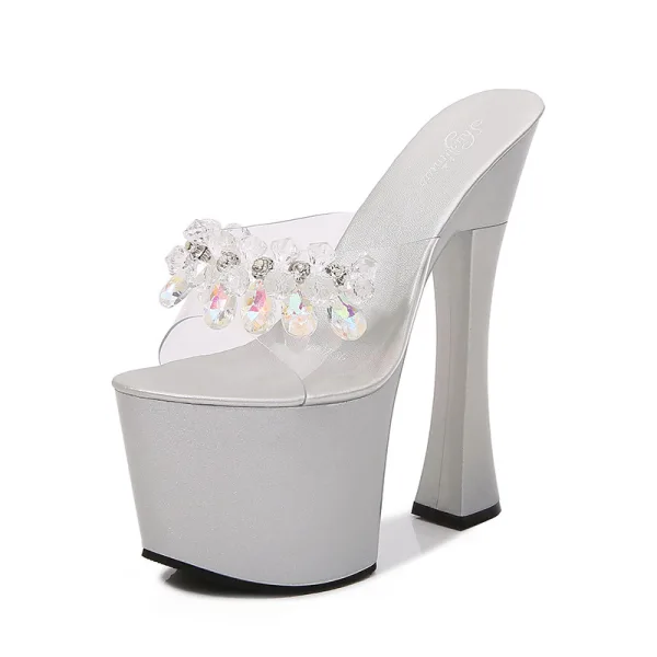Sexy Blanche Club de carnaval Été Cristal Sandales Femme 2020 Faux Diamant 17 cm Talons Épais Peep Toes / Bout Ouvert Sandales