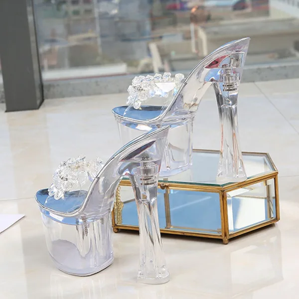 Sexy Transparent Argenté Club de carnaval Cristal Sandales Femme 2020 Faux Diamant 17 cm Talons Épais Peep Toes / Bout Ouvert Sandales