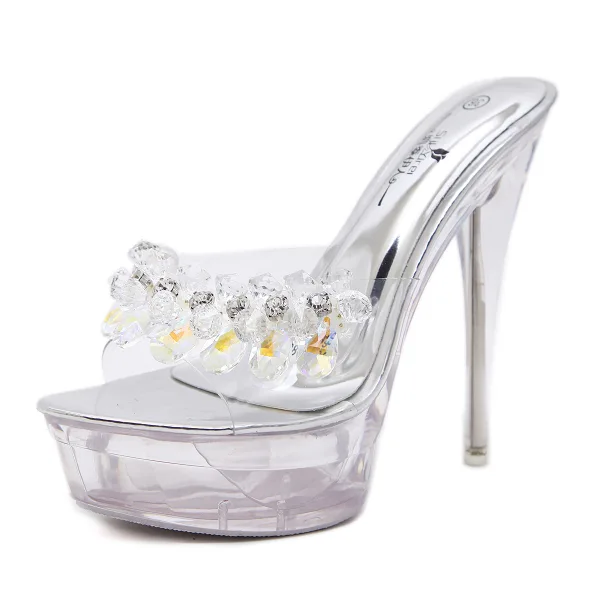 Sexy Transparent Argenté Voyage de noces Cristal Sandales Femme 2020 Faux Diamant 13 cm Talons Aiguilles Peep Toes / Bout Ouvert Sandales