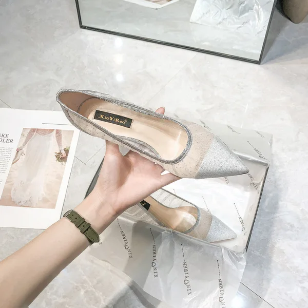 Charmant Argenté Soirée Escarpins 2020 Cuir Glitter Paillettes 7 cm Talons Aiguilles À Bout Pointu Escarpins