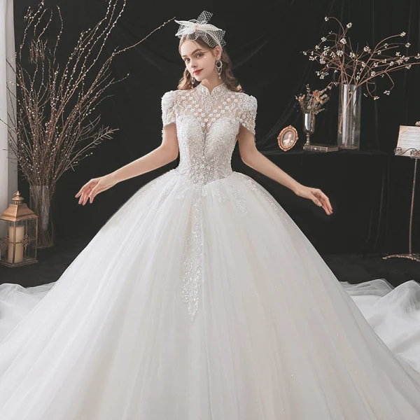 Chinese style Vintage / Retro Ivory Beading Wedding Dresses 2021 Ball Gown High Neck Pearl Sequins Long Sleeve Backless Royal Train Wedding