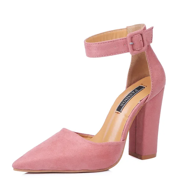 Betaalbare Bordeaux Toevallig Suede Sandalen Dames 2020 Enkelband 10 cm Dikke Hak Spitse Neus Sandalen