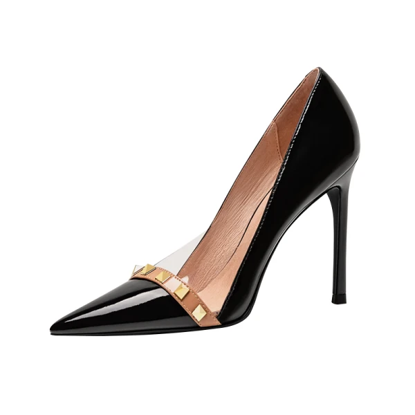 Charming Black Evening Party Leather Rivet Pumps 2021 Patent Leather 10 cm Stiletto Heels Pointed Toe Pumps High Heels