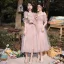 Modest / Simple Blushing Pink Bridesmaid Dresses 2021 A-Line / Princess V-Neck Short Sleeve Backless Tea-length Wedding Party Dresses