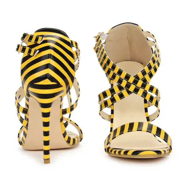 Fashion Yellow Casual Striped Womens Sandals 2020 X-Strap 11 cm Stiletto Heels Open / Peep Toe Sandals