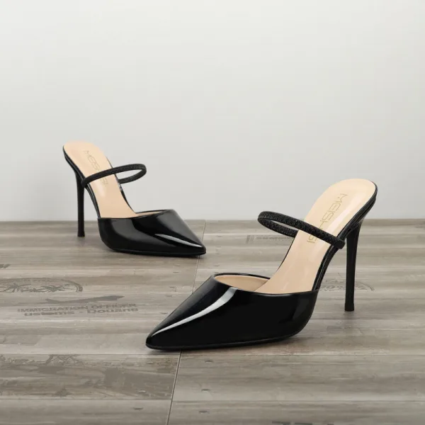 Chic / Beautiful Black Dating Womens Sandals 2020 Patent Leather 10 cm Stiletto Heels Pointed Toe Sandals