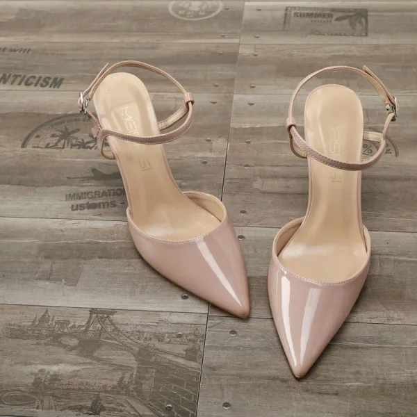 Fashion Black Street Wear Womens Sandals 2020 Patent Leather Ankle Strap 10 cm Stiletto Heels Pointed Toe Sandals